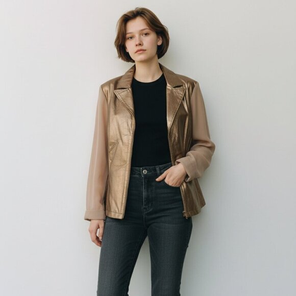 Nygard Collection Jackets & Blazers - Nygard Collection Gold Studs Collared Leather & Knit Front Zip Jacket Women' L